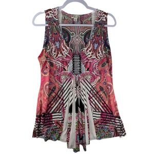 World Unity Womens Pink Paisley Geometric Sequin V-Neck Sleeveless Blouse Medium